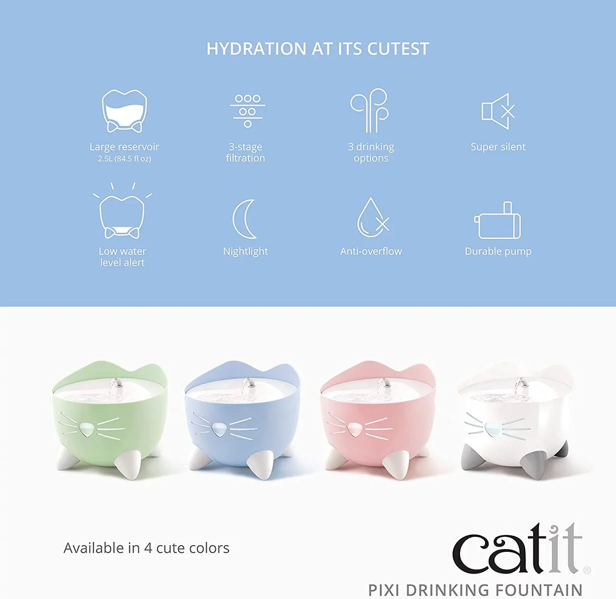 Catit PIXI Drinking Fountain Cat Fluid Fountain with Triple Filter and Ergonomic Drinking Options, Pink