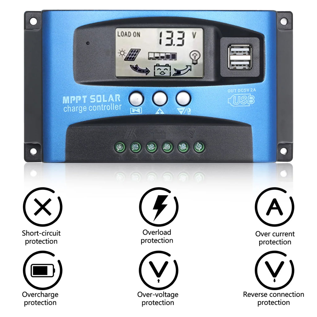 Htovila 30A-100A Solar Charge Controller Solar Panel Charge Controller Dual USB Charge Regulator Processor Adjustable Parameter LCD Display