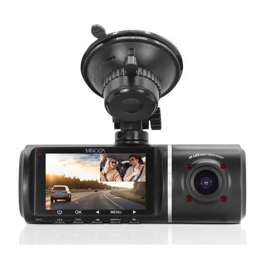 MNCD245T Full HD Front and Rear View 2.45" LCD Monitor Dash Camera with 3-Channel Recording, Black
