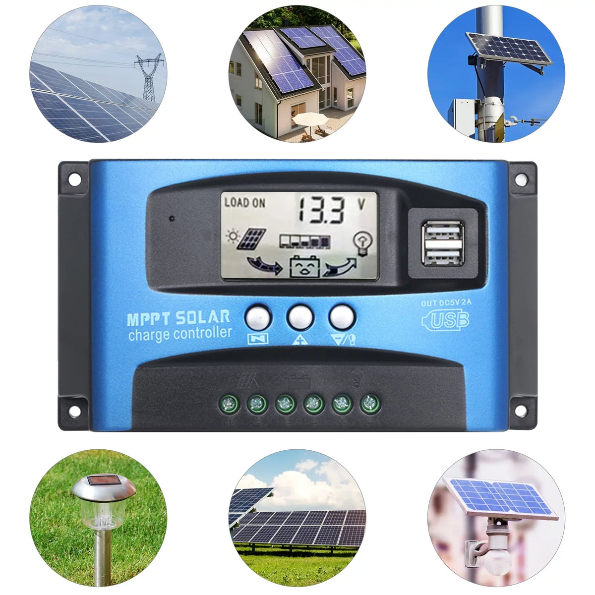 Htovila 30A-100A Solar Charge Controller Solar Panel Charge Controller Dual USB Charge Regulator Processor Adjustable Parameter LCD Display