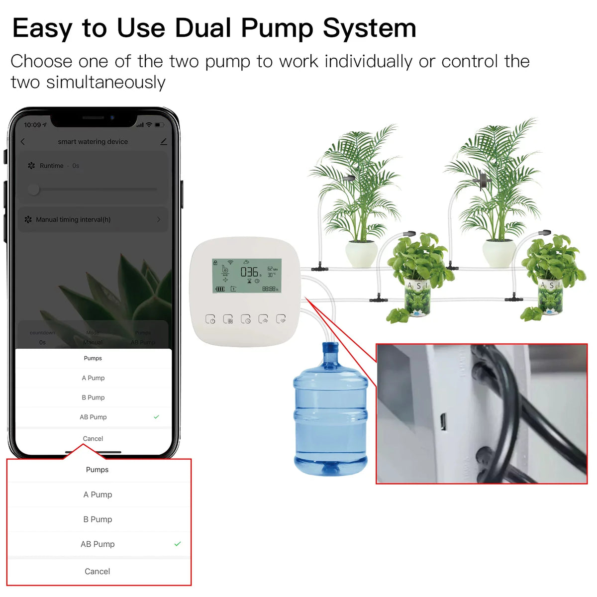 Lixada WiFi Smart Liquid System with Dual Pump Programmable Time Setting Solar Panel USB Charging Built-in Battery Suitable for Home Garden