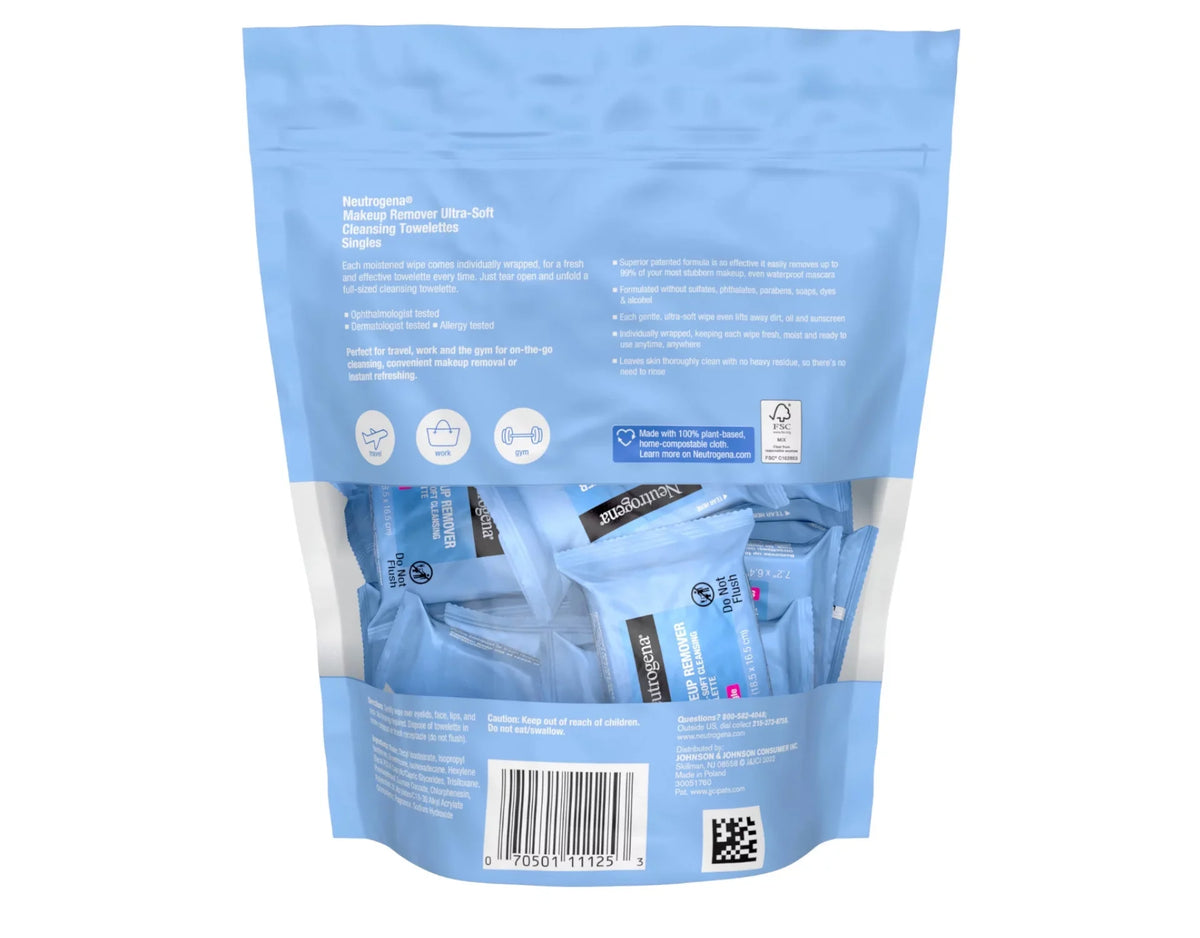 Neutrogena Makeup Remover Cleansing Towelette Singles, Daily Face Wipes to Remove Dirt, Oil, Makeup & Liquid (Pack of 3)