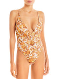 Jonathan Simkhai Womens Ingrid Floral Deep V-Neck One-Piece Swimsuit Orange S