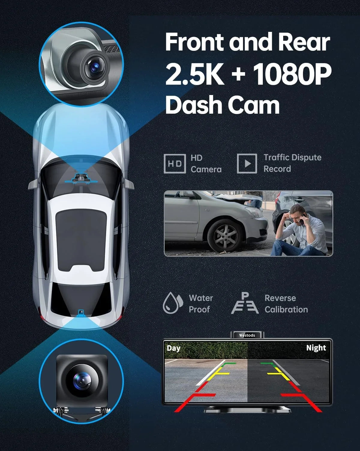 CAIHONG Portable 10.26" Wireless Carplay Display & Android Auto with Adjustable & Detachable Mount, 2.5K Dash Cam & 1080P Backup Camera, HD IPS Display GPS Navigation, Bluetooth, Car Stereo, Radio