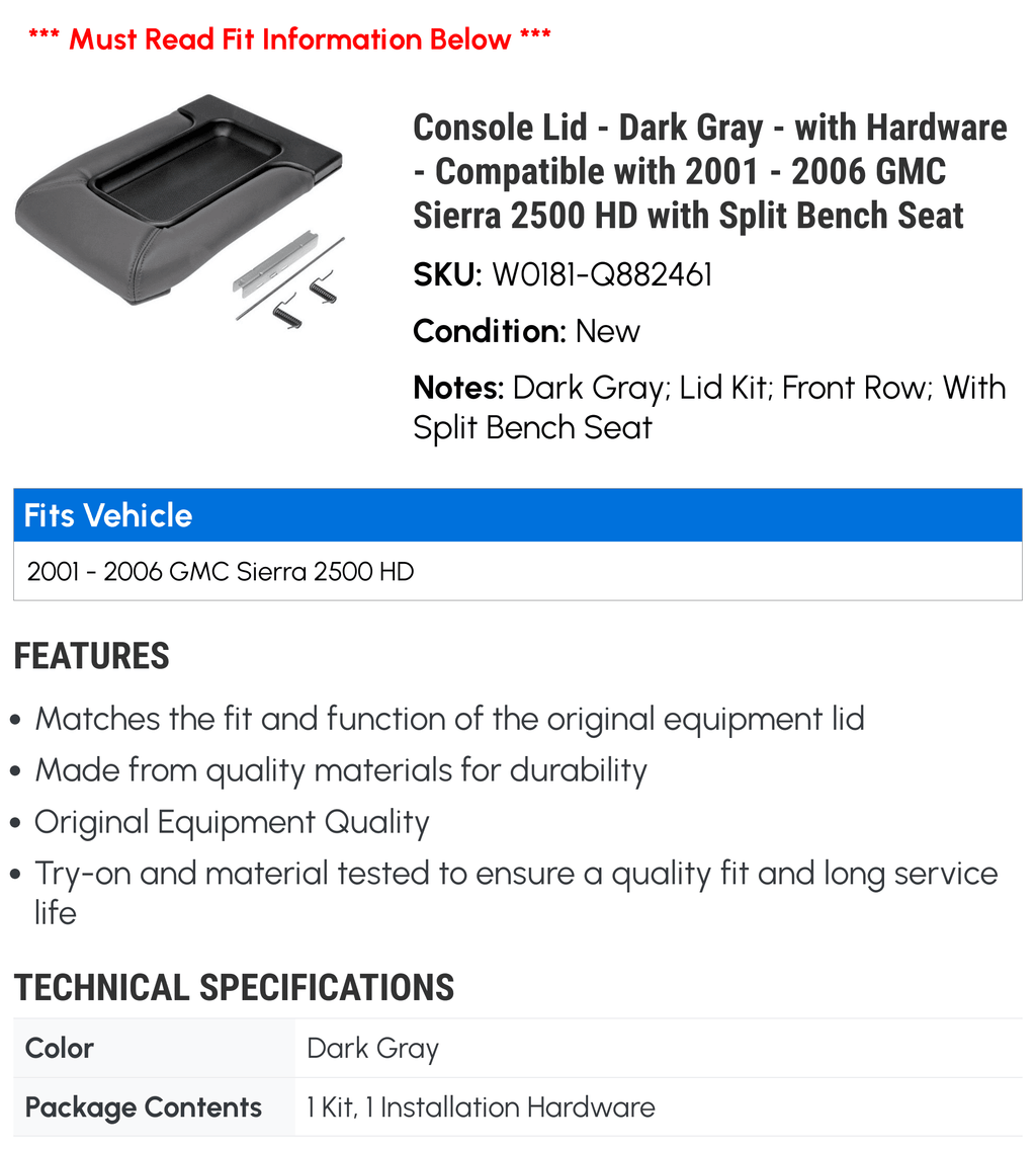 Console Lid - Dark Gray - with Hardware - Compatible with 2001 - 2006 GMC Sierra 2500 HD with Split Bench Seat 2002 2003 2004 2005