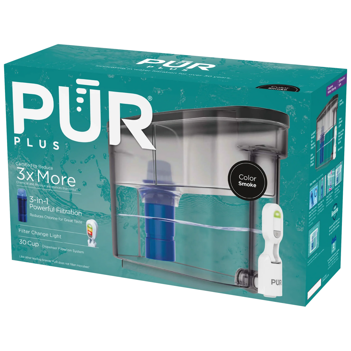 PUR PLUS 30-Cup Liquid Filter Dispenser System, W 15.3" x H 10.1" x L 5.3", Smoke, DS1810BA