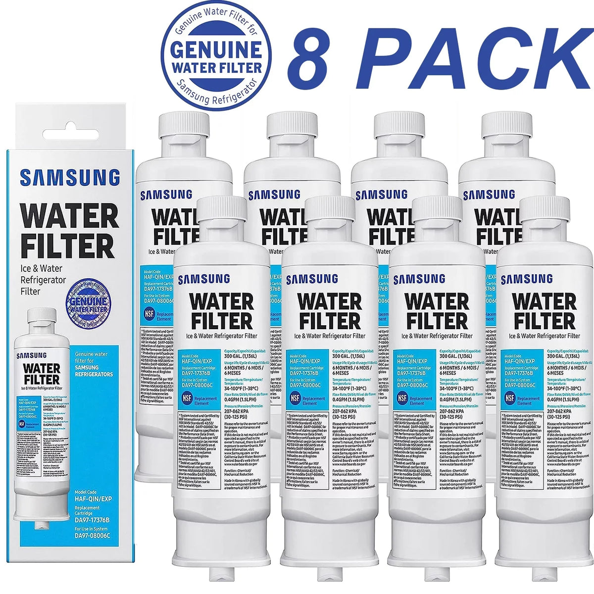 DA97-17376B HAF-QIN, DA9717376B HAF-QIN/EXP Refrigerator Fluid Filter RF23M8070SG Pack of 8