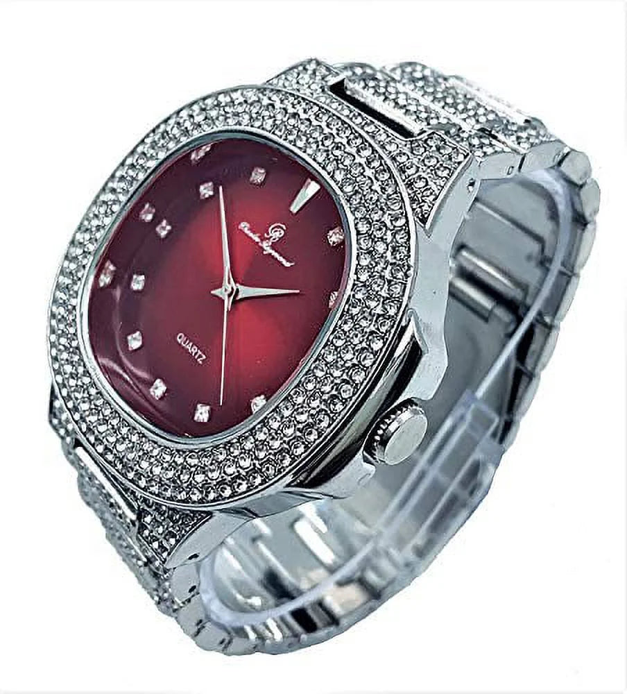 Bling'ed Out King and Queen Hip Hop Watch Set Perfect for Power Couples to Flaunt On and Off The Dance Floor - ST10325/ST10364 His&Hers (SLV Blood Red)