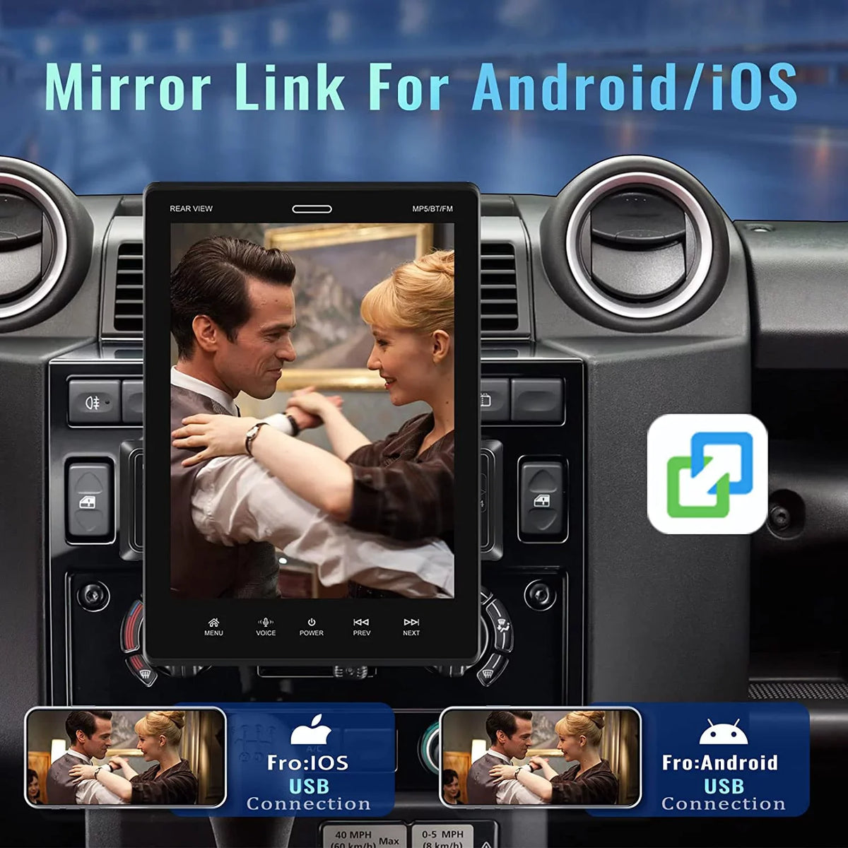 Podofo Single Din 9.5'' Car Stereo with Carplay Android Auto HD Touch Display Car MP5 Player Car Radio Bluetooth Mirror Link USB FM,with 12 LED Rear Camera