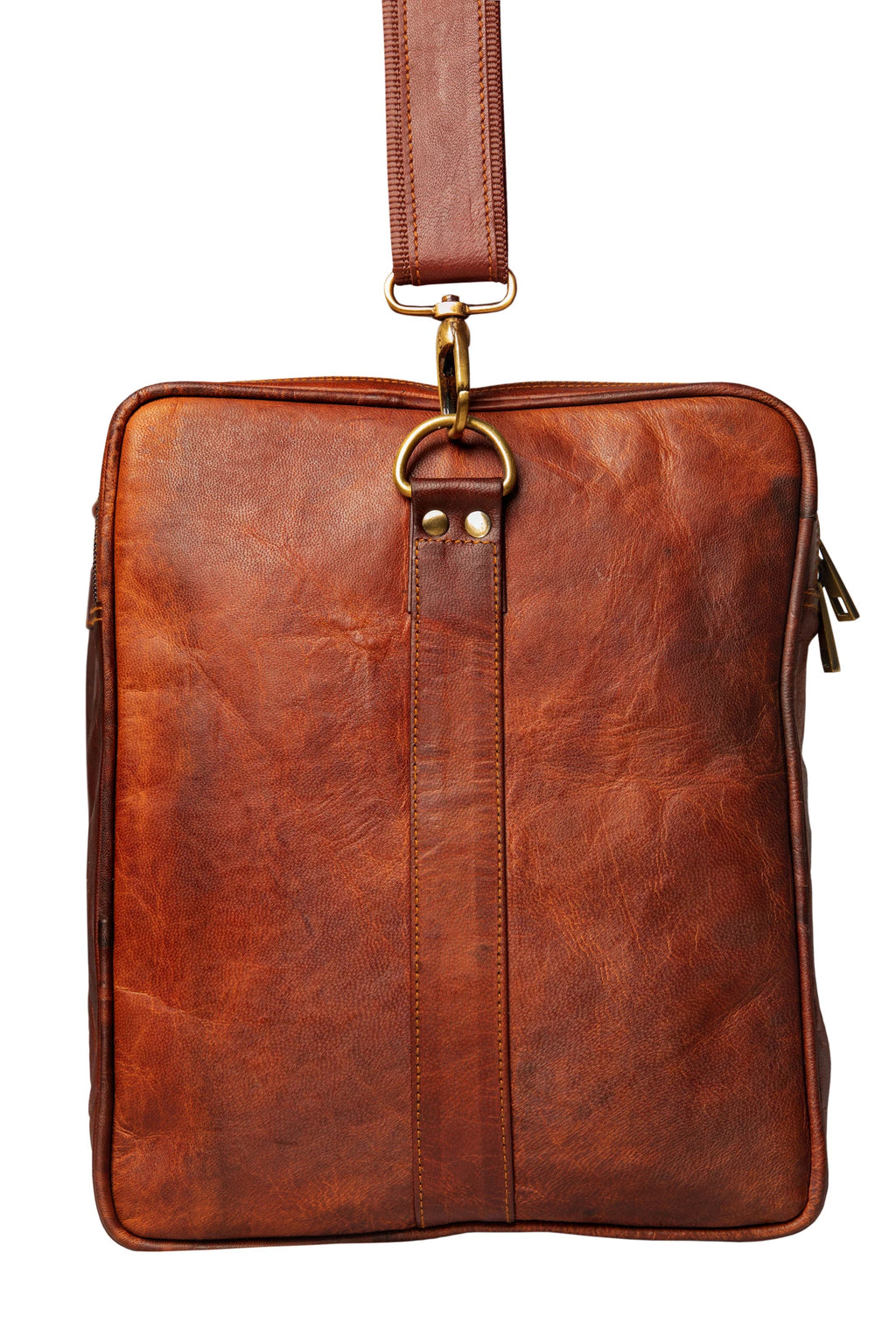 Handmade Square Brown Leather Travel Duffle Weekender Bag.