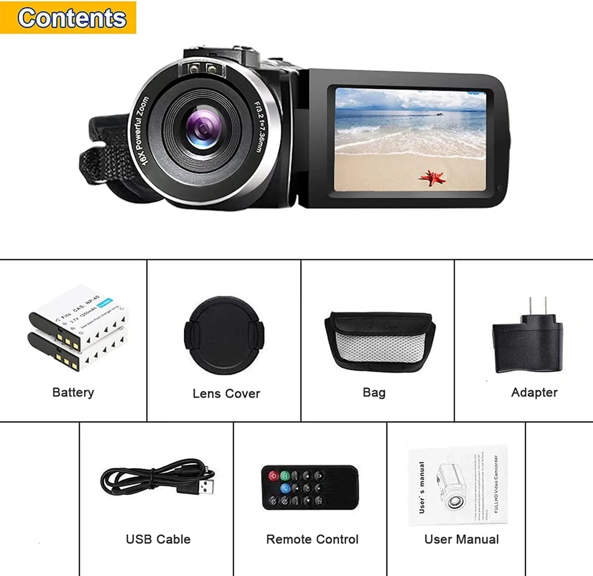 Video Camera Camcorder Full HD 1080P 30FPS 24.0 MP IR Night Vision Vlogging Camera Recorder 3.0 Inch IPS Display 16X Zoom Camcorders Camera Remote Control with 2 Batteries