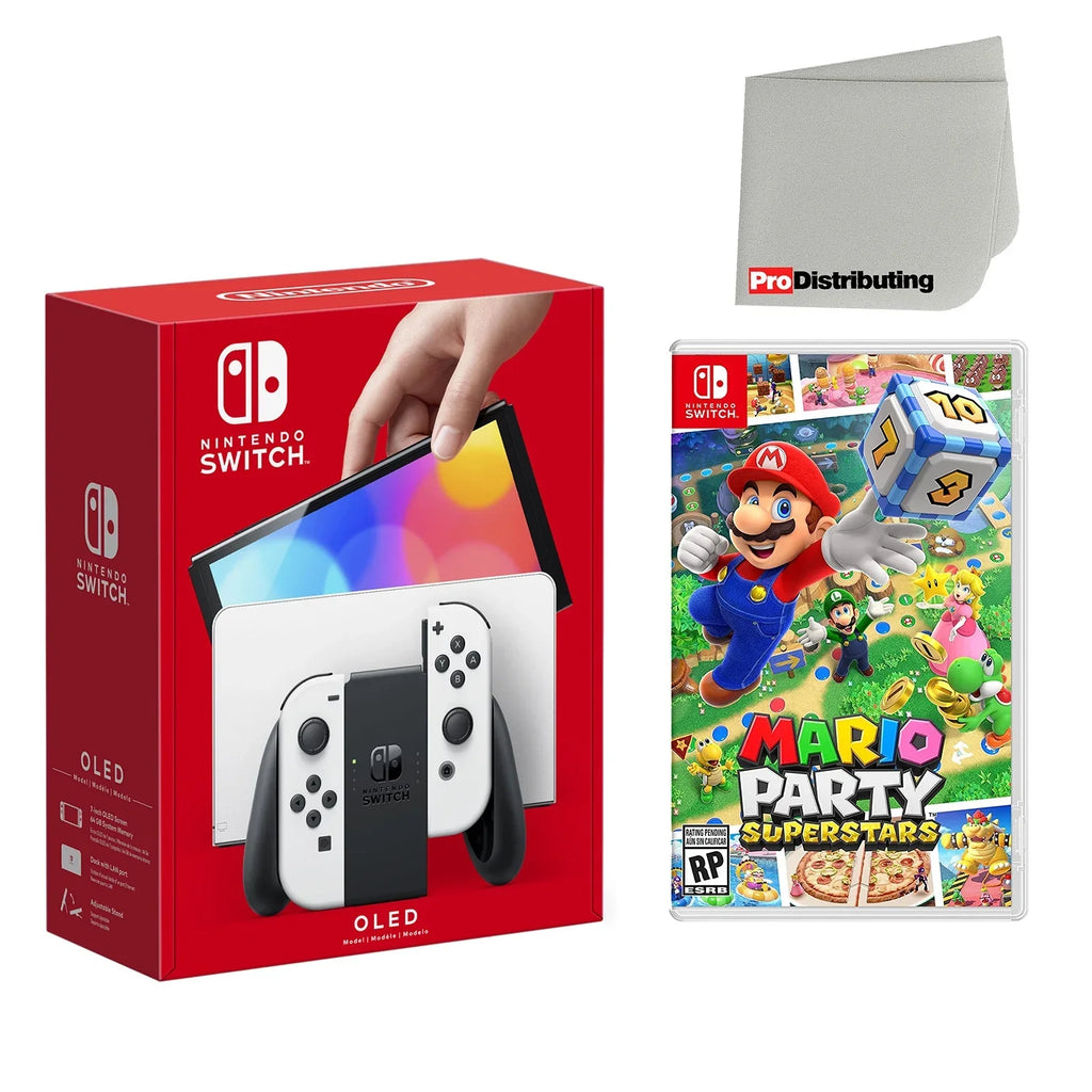 Nintendo Switch OLED Console White with Mario Party Superstars and Monitor Cleaning Cloth