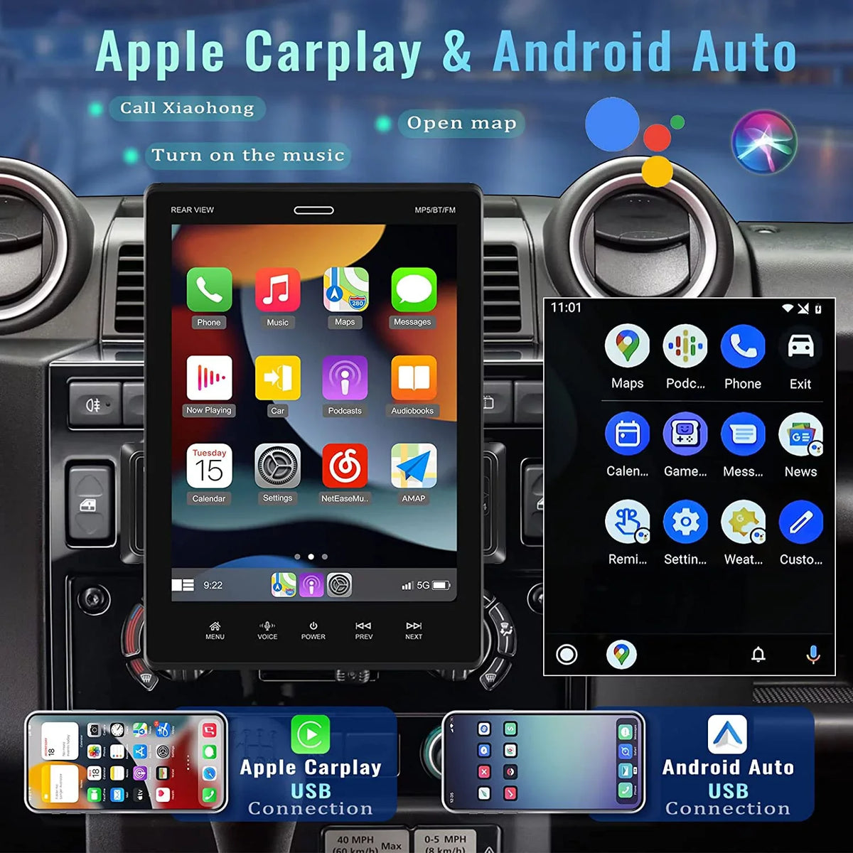 Podofo Single Din 9.5'' Car Stereo with Carplay Android Auto HD Touch Display Car MP5 Player Car Radio Bluetooth Mirror Link USB FM,with 12 LED Rear Camera