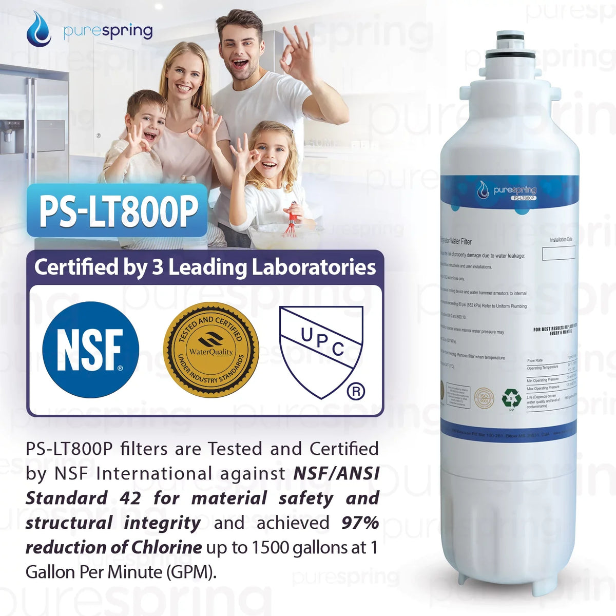 PureSpring NSF 42 Certified Refrigerator Liquid Filter, Compatible with LT800P, LT800PC, ADQ73613401, ADQ73613402, ADQ73613403, Kenmore 9490, 46-9490, 469490 (1 Pack)
