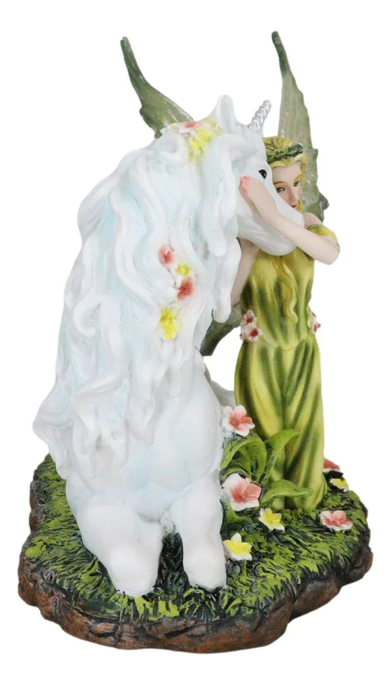Green Earth Gaia Fairy With Rare Floral White Unicorn Statue Decor Figurine 7"L