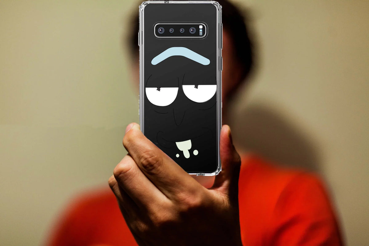 DistinctInk Clear Shockproof Hybrid Case for Galaxy S10+ PLUS(6.4" Display - TPU Bumper, Acrylic Back, Tempered Glass Monitor Protector - "Wubba Lubba Dub Dub" Face
