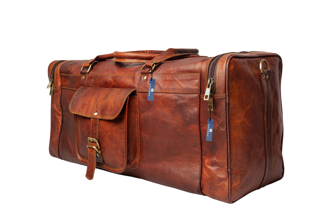 Handmade Square Brown Leather Travel Duffle Weekender Bag.