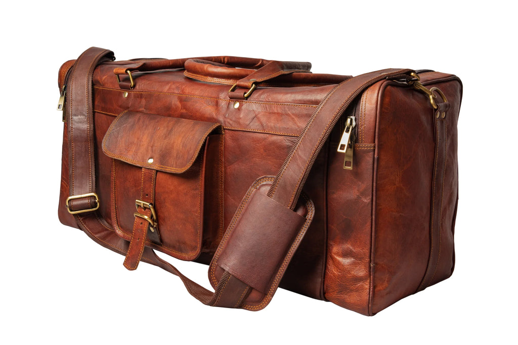Handmade Square Brown Leather Travel Duffle Weekender Bag.