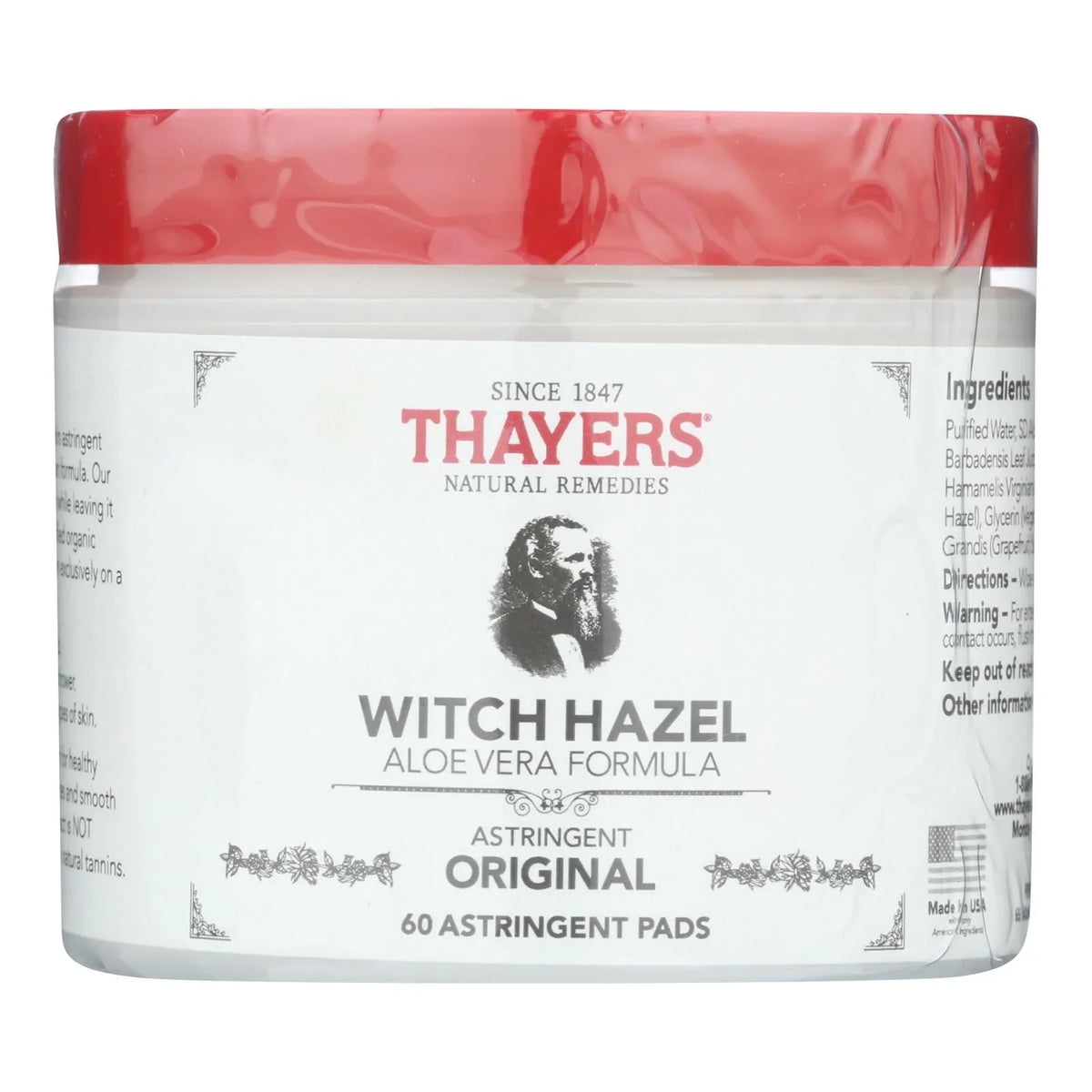 Thayers Witch Hazel Aloe Vera Formula Original 60 Pads Pack of 4