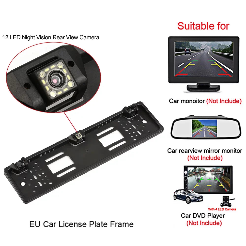 Eccomum European License Plate Frame Backup Camera 12 LED Rear View Camera with Reversing System Parking Sensor
