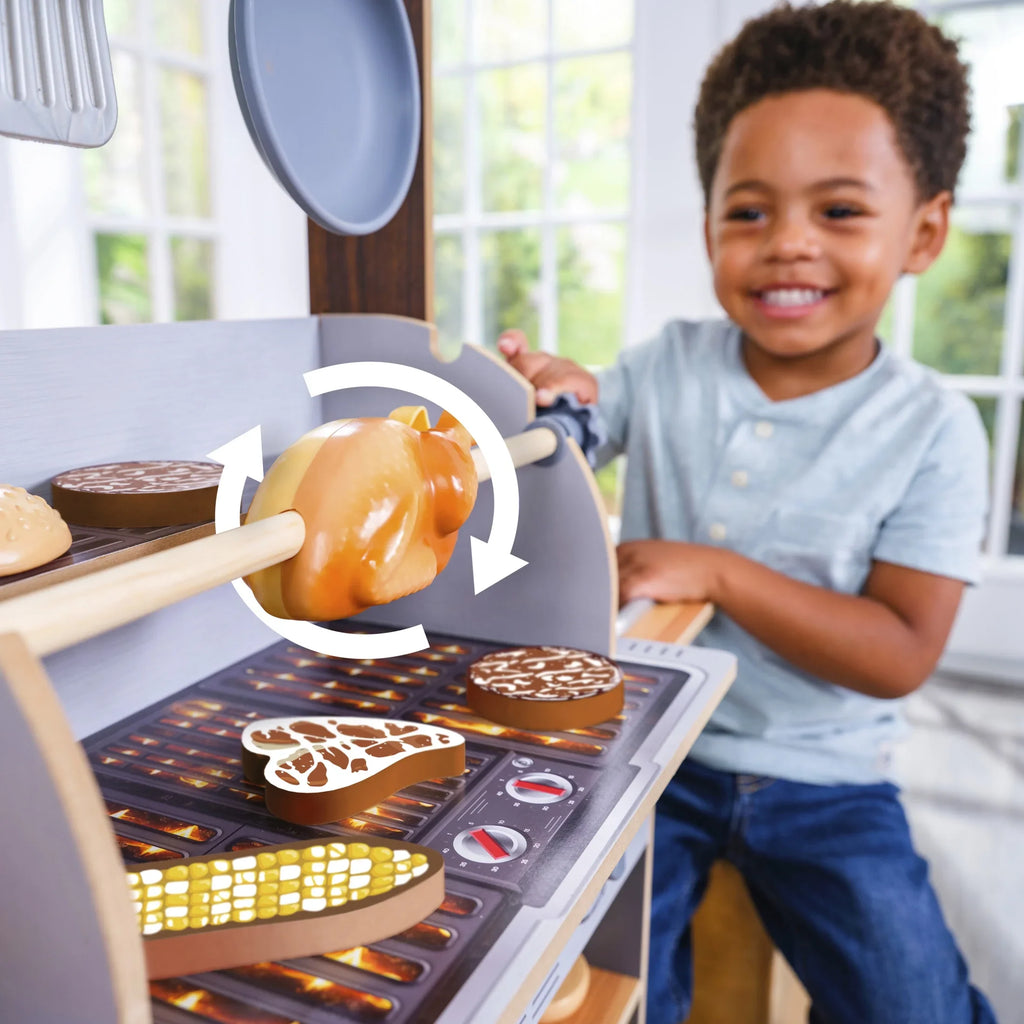 KidKraft Spin & Reveal Wooden Grill & Play Kitchen with Liquid Food & 21 Accessories