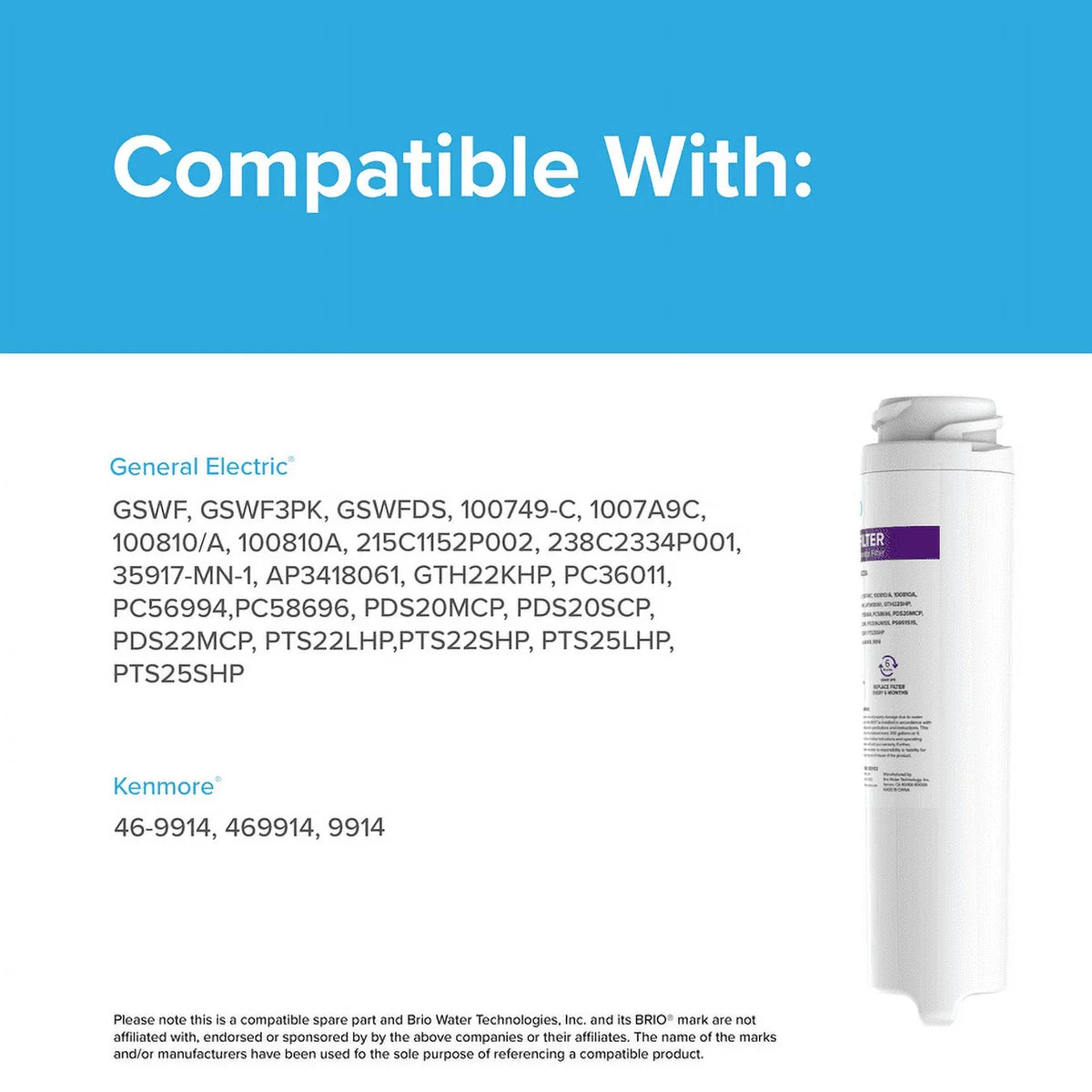 Brio 6023A Refrigerator Liquid Filter Replacement Compatible WIth GE GSWF, GSWF3PK, GSWFDS, 100749-C, 100749C, 100810/A, 100810A