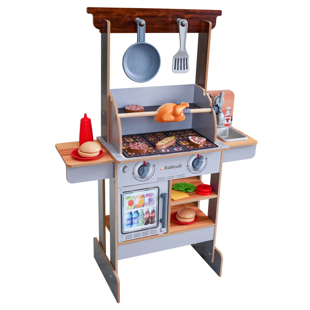 KidKraft Spin & Reveal Wooden Grill & Play Kitchen with Liquid Food & 21 Accessories