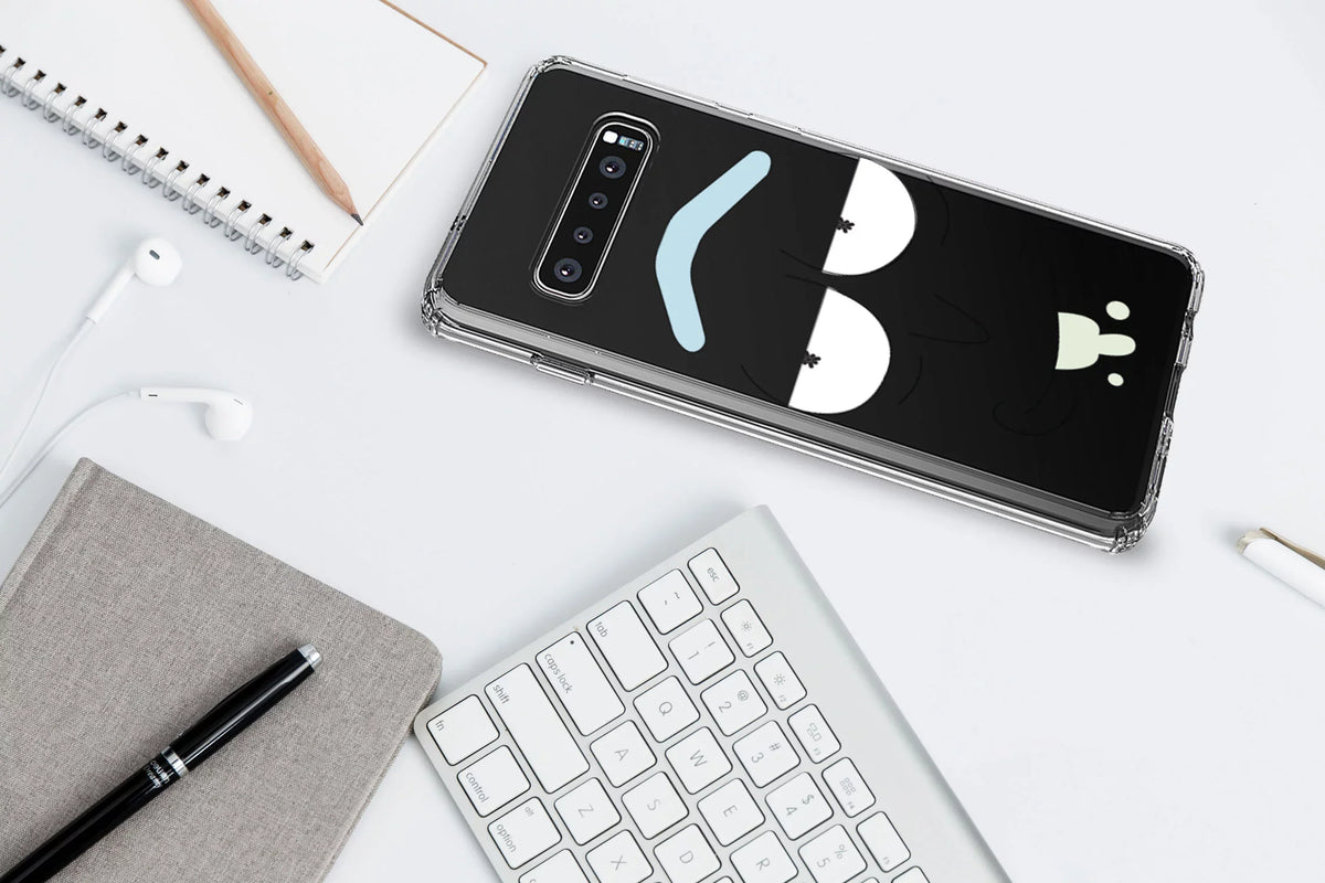 DistinctInk Clear Shockproof Hybrid Case for Galaxy S10+ PLUS(6.4" Display - TPU Bumper, Acrylic Back, Tempered Glass Monitor Protector - "Wubba Lubba Dub Dub" Face
