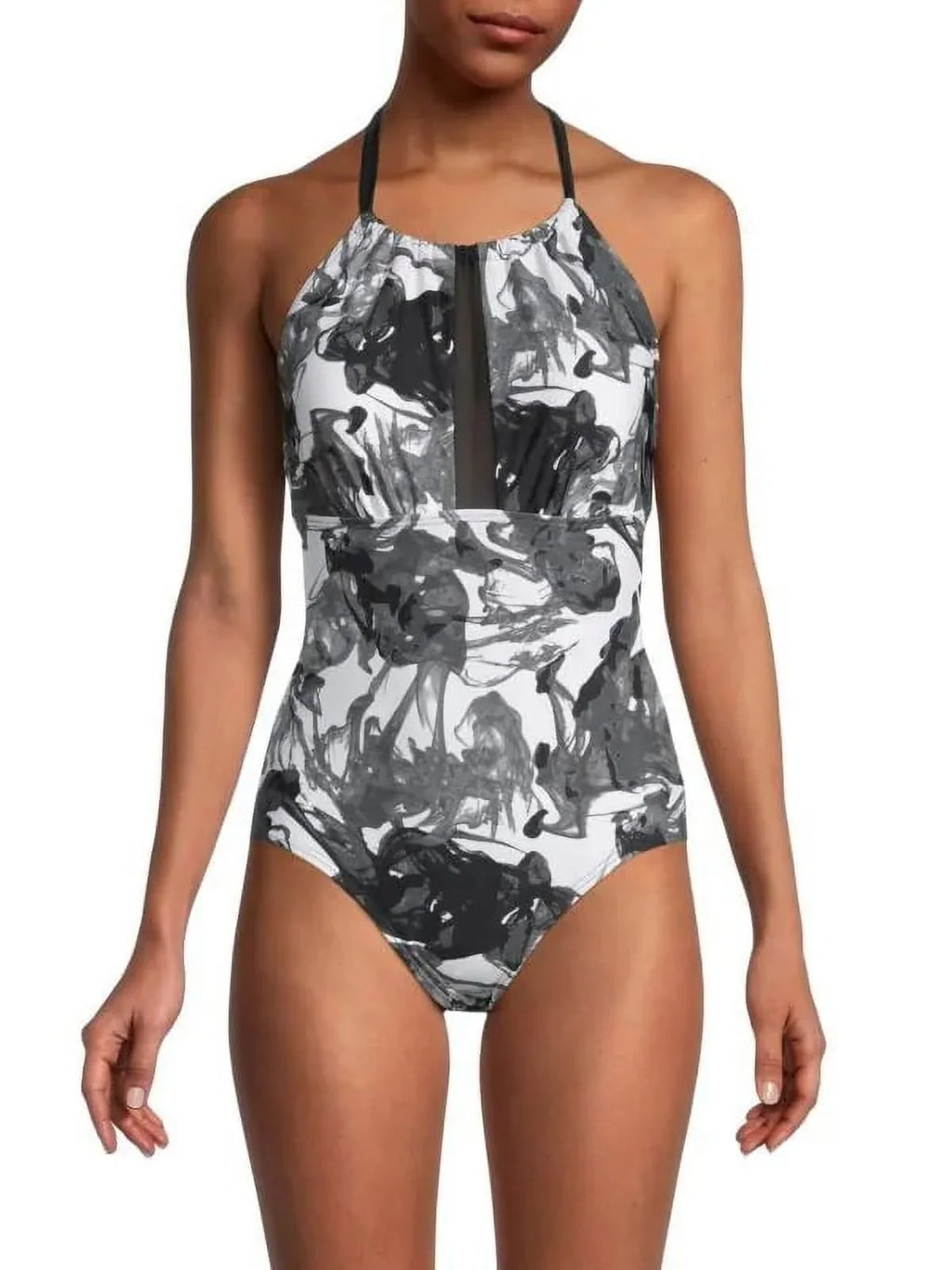 Calvin Klein BLACK MULTI Abstract Halterneck One-Piece Swimsuit, US 14
