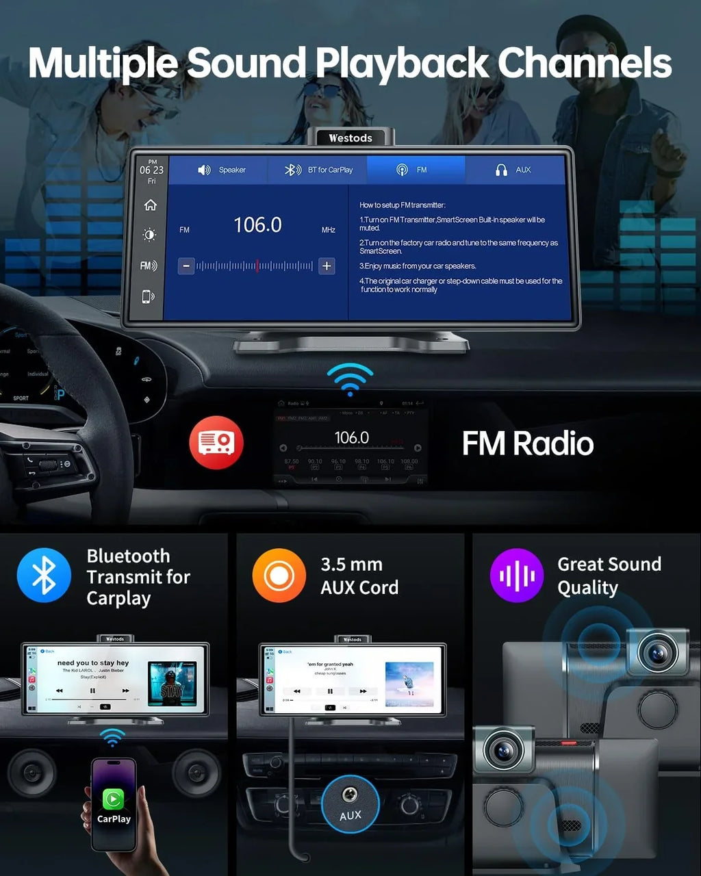 CAIHONG Portable 10.26" Wireless Carplay Display & Android Auto with Adjustable & Detachable Mount, 2.5K Dash Cam & 1080P Backup Camera, HD IPS Display GPS Navigation, Bluetooth, Car Stereo, Radio