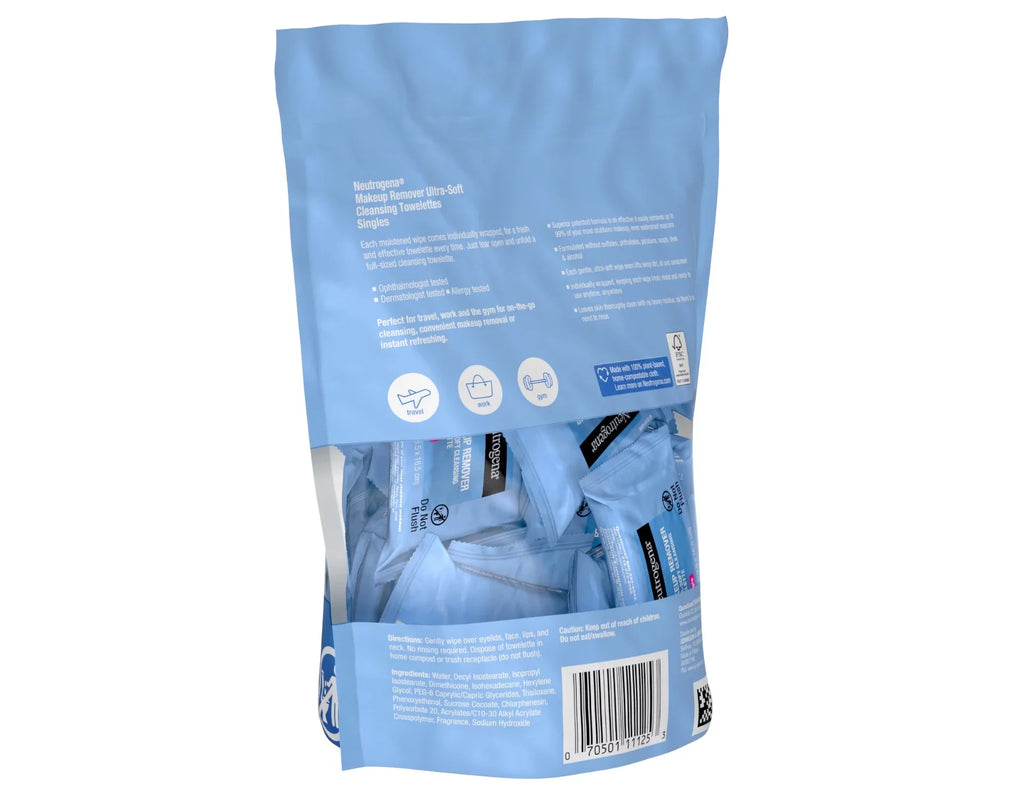Neutrogena Makeup Remover Cleansing Towelette Singles, Daily Face Wipes to Remove Dirt, Oil, Makeup & Liquid (Pack of 3)