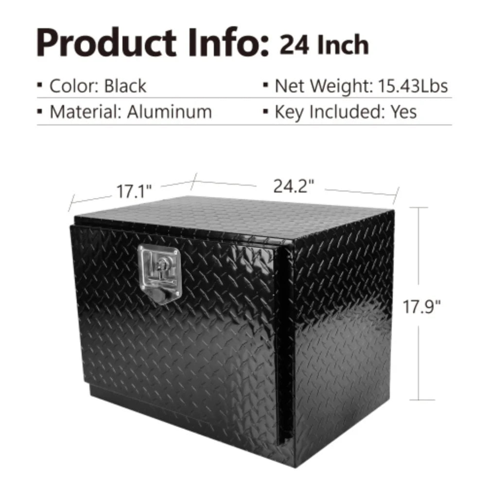 24 Inch Aluminum Stripes Plated Tool Box Pick Up Truck Bed RV Trailer Toolbox Fluid Square Storage Organizer with Lock and Keys - Black Black + Aluminum + Square box + 24"(24.2"×17.1"×17.9")