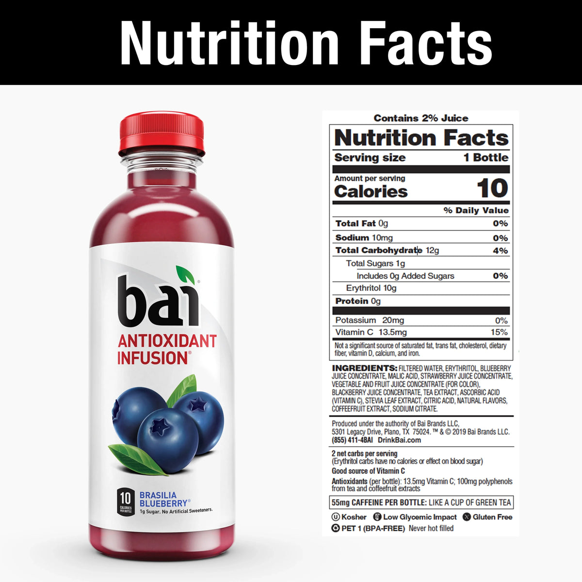 Bai Gluten-Free, Brasilia Blueberry, Antioxidant Pre-owned Drink, 18 Fl Oz, 12 Pack Bottles