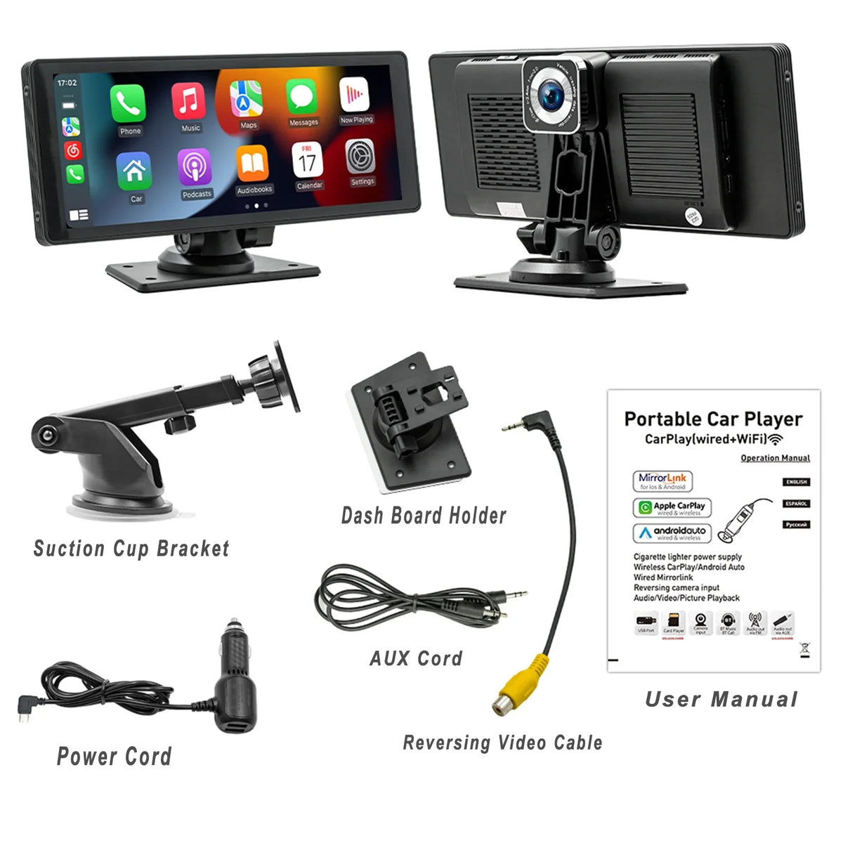 CAIHONG Portable 10.26" Wireless Carplay Display & Android Auto with Adjustable & Detachable Mount, 2.5K Dash Cam & 1080P Backup Camera, HD IPS Display GPS Navigation, Bluetooth, Car Stereo, Radio