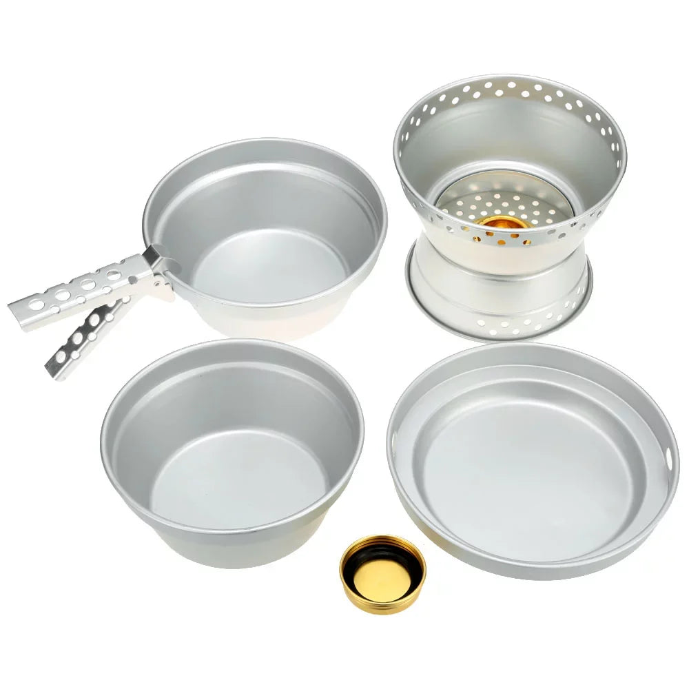 Htovila Portable Camping Cookware Mess Kit Stove Spirit with Stand Pot Pan with Gripper Cooking Set for Backpacking Hiking Picnic BBQ
