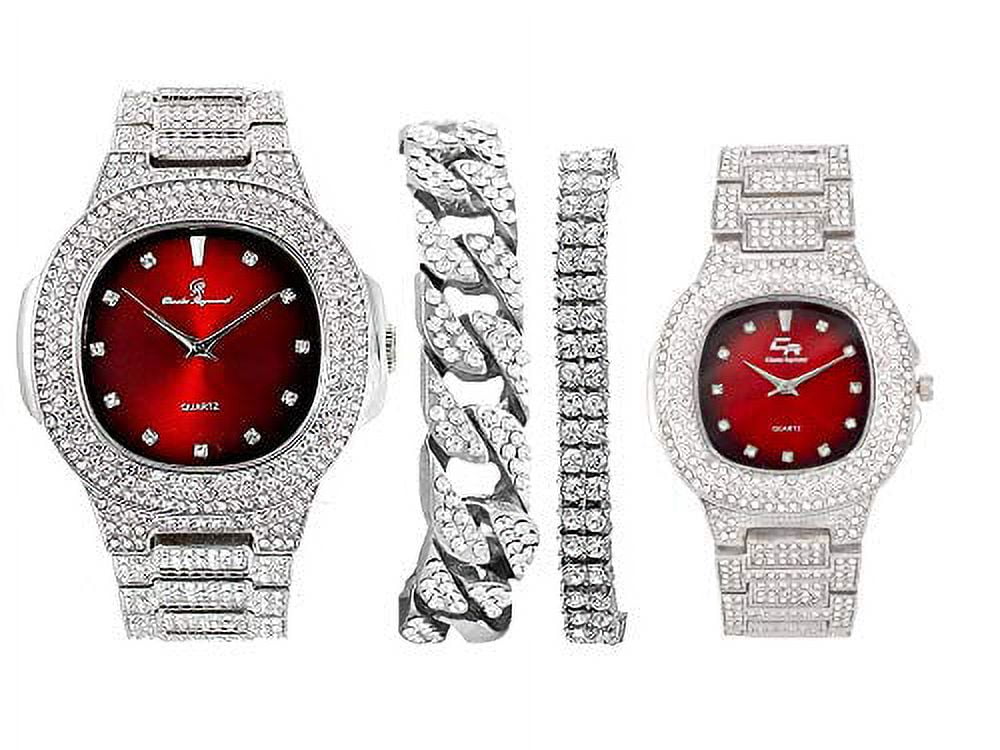 Bling'ed Out King and Queen Hip Hop Watch Set Perfect for Power Couples to Flaunt On and Off The Dance Floor - ST10325/ST10364 His&Hers (SLV Blood Red)