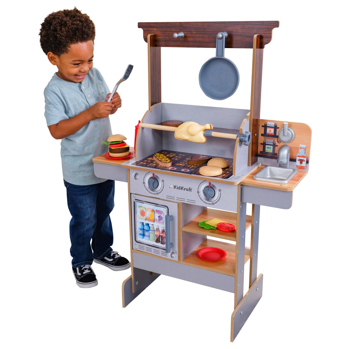 KidKraft Spin & Reveal Wooden Grill & Play Kitchen with Liquid Food & 21 Accessories