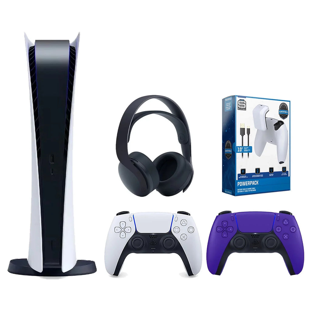 Playstation 5 Digital Edition Console with Extra Purple Controller, Black PULSE 3D Headset and Surge PowerPack Battery Pack & Charge Cable Bundle