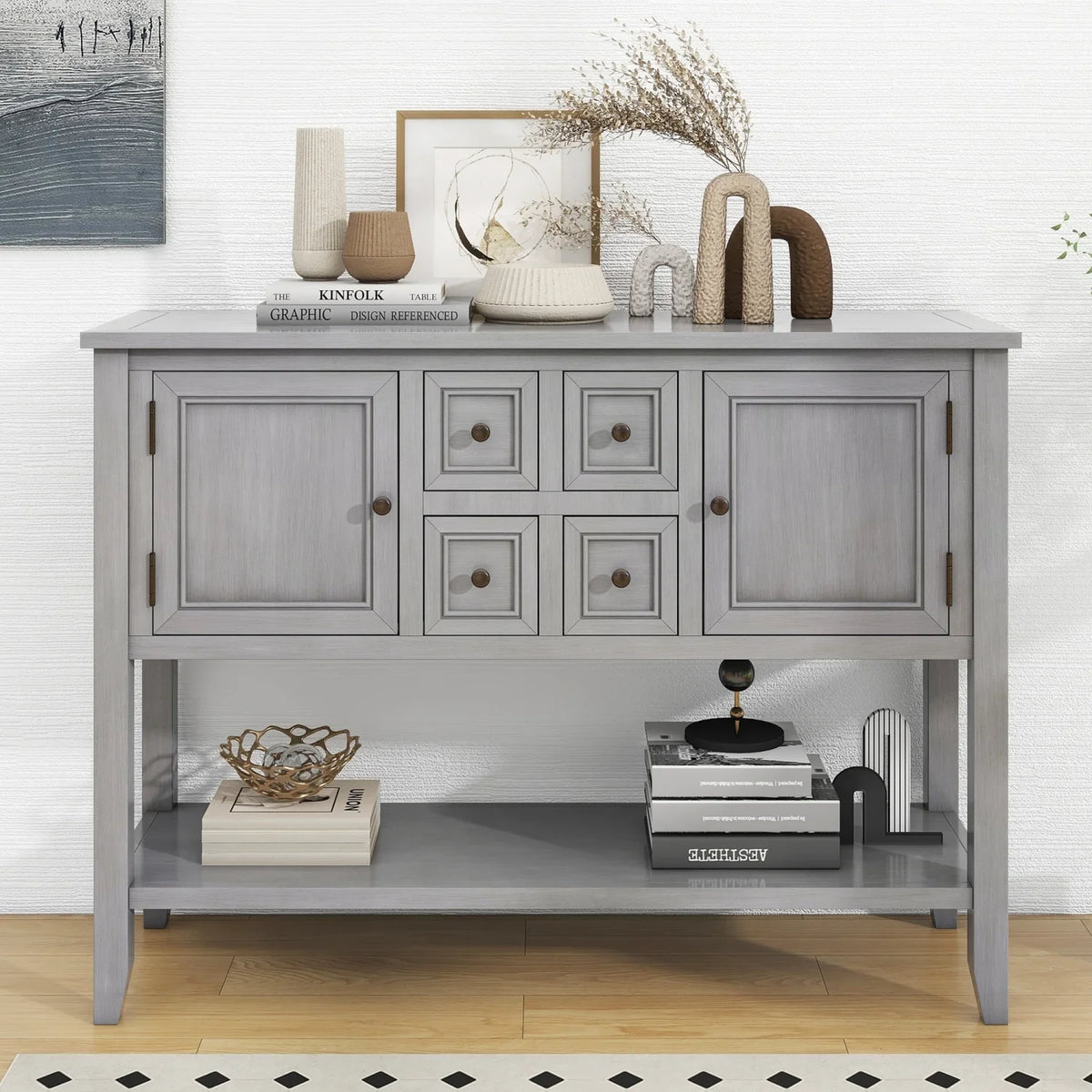 Vintage Ample Storage Cambridge Series Espresso Console Table with Four Small Drawers and Bottom Shelf for Living Rooms Entrances and Kitchens - TREXM (OLD SKU WF190263AAP)
