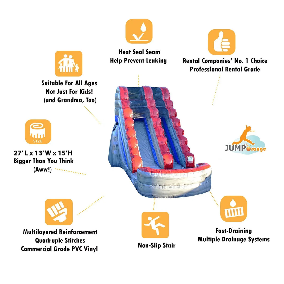 JumpOrange Titanium Commercial Grade Inflatable Fluid Slide with Splash Pool | for Adults and Kids | Includes Blower, Stakes and Storage Bag | 15-Foot Tall x 28-Foot Long x 13-Foot Wide