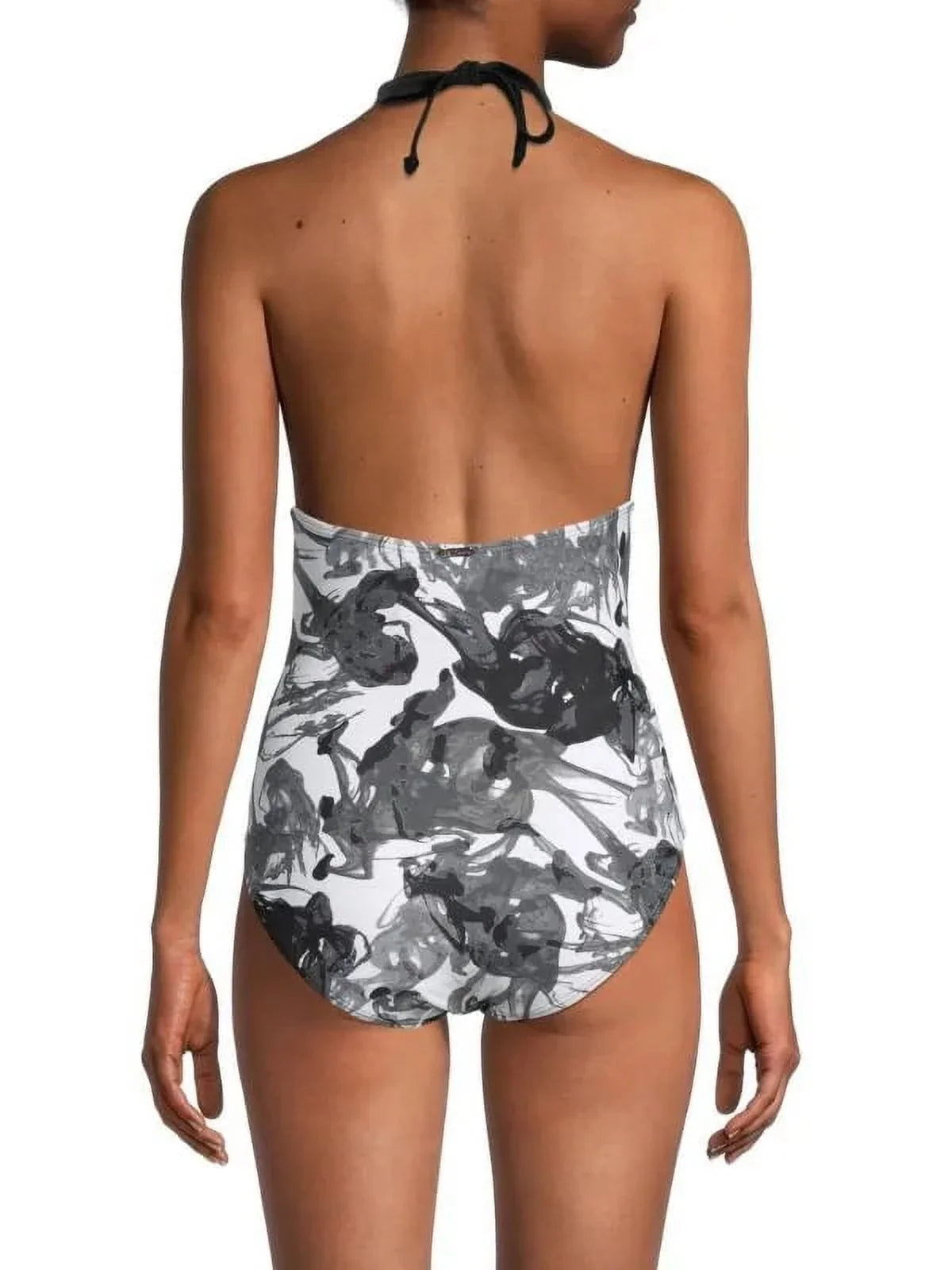 Calvin Klein BLACK MULTI Abstract Halterneck One-Piece Swimsuit, US 14