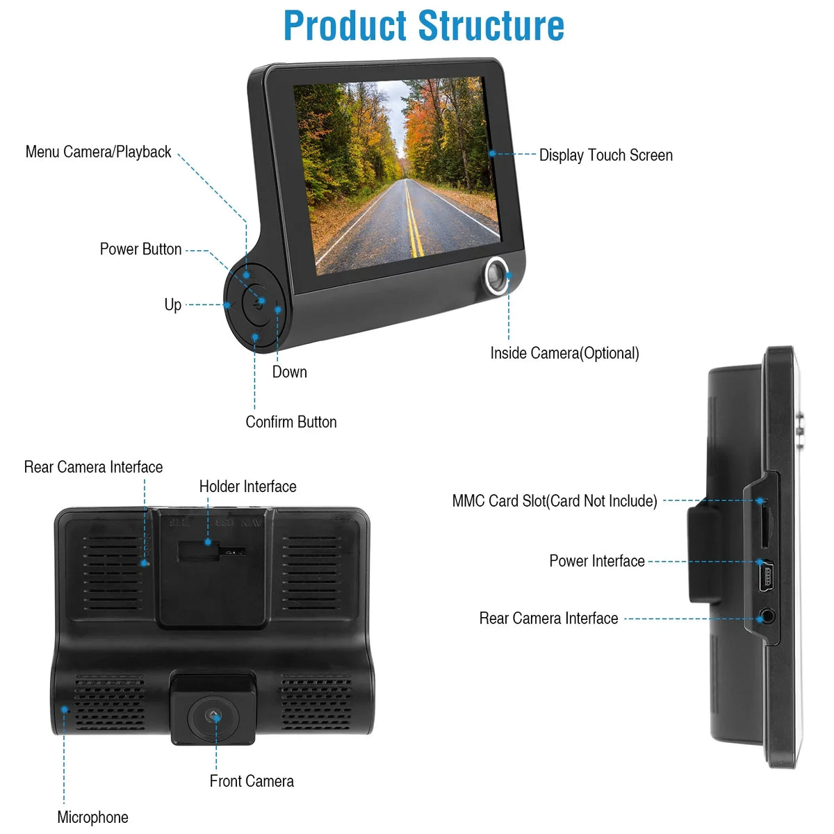 iMouTEK 1080P Touch Monitor Car Dash 4in Cam Dash Camera Front and Rear Camera with G-Sensor Loop Recording Motion Detection