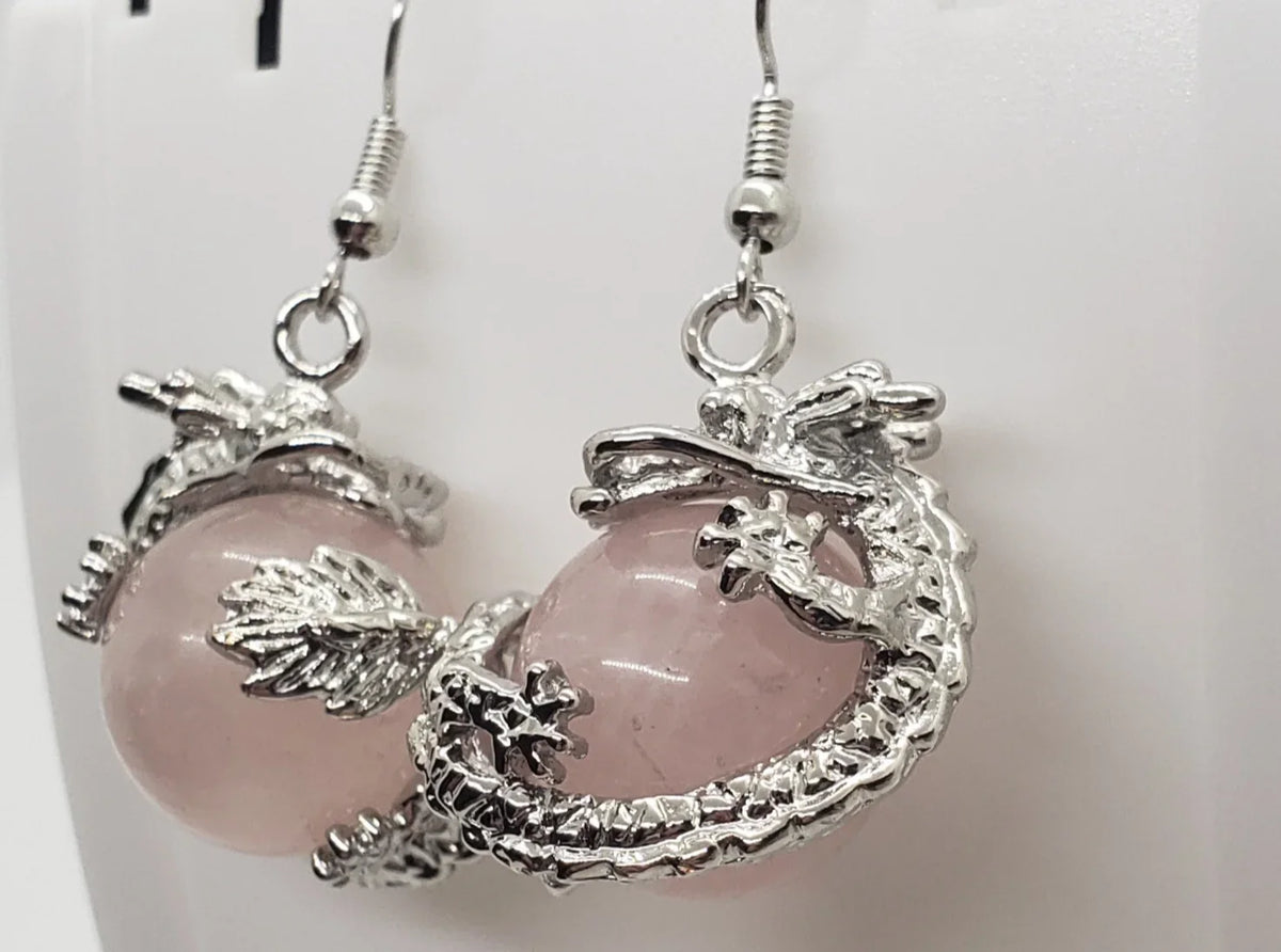 Natural Rose Quartz Dragon Earrings