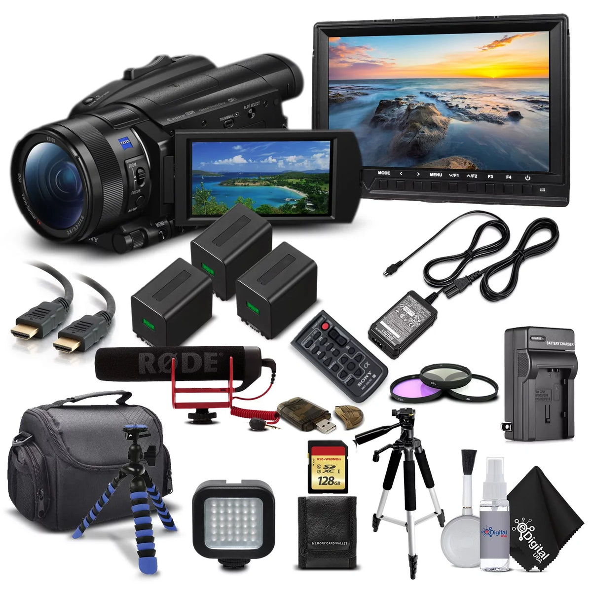 Handycam FDR-AX700 4K HD Video Camera Camcorder + 2 Extra Batteries and Charger + 128GB Memory Card + Case + M