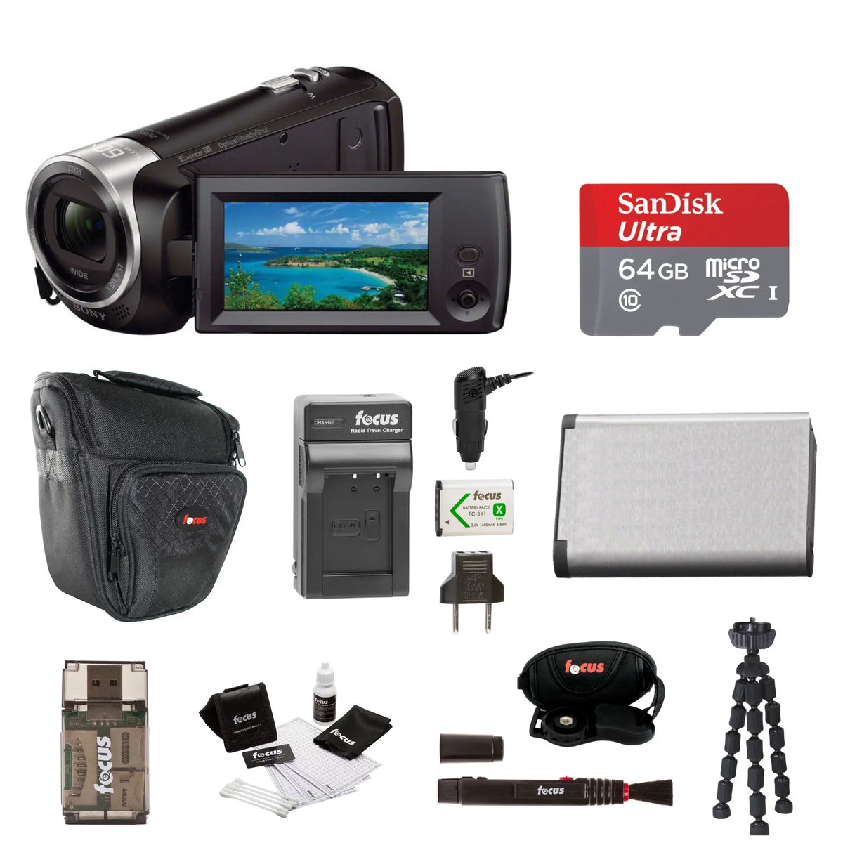 HDR-CX405 Handycam Camcorder (Black) + 64GB microSD Card + Carry Case + Accessory Bundle