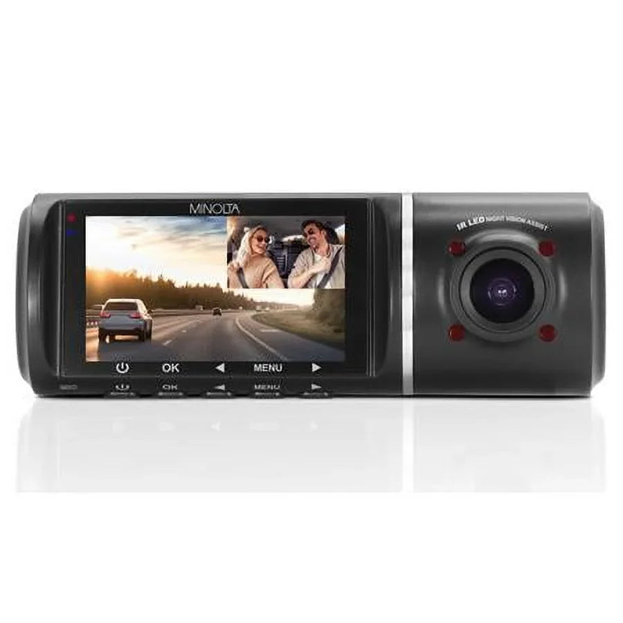 MNCD245T Full HD Front and Rear View 2.45" LCD Monitor Dash Camera with 3-Channel Recording, Black
