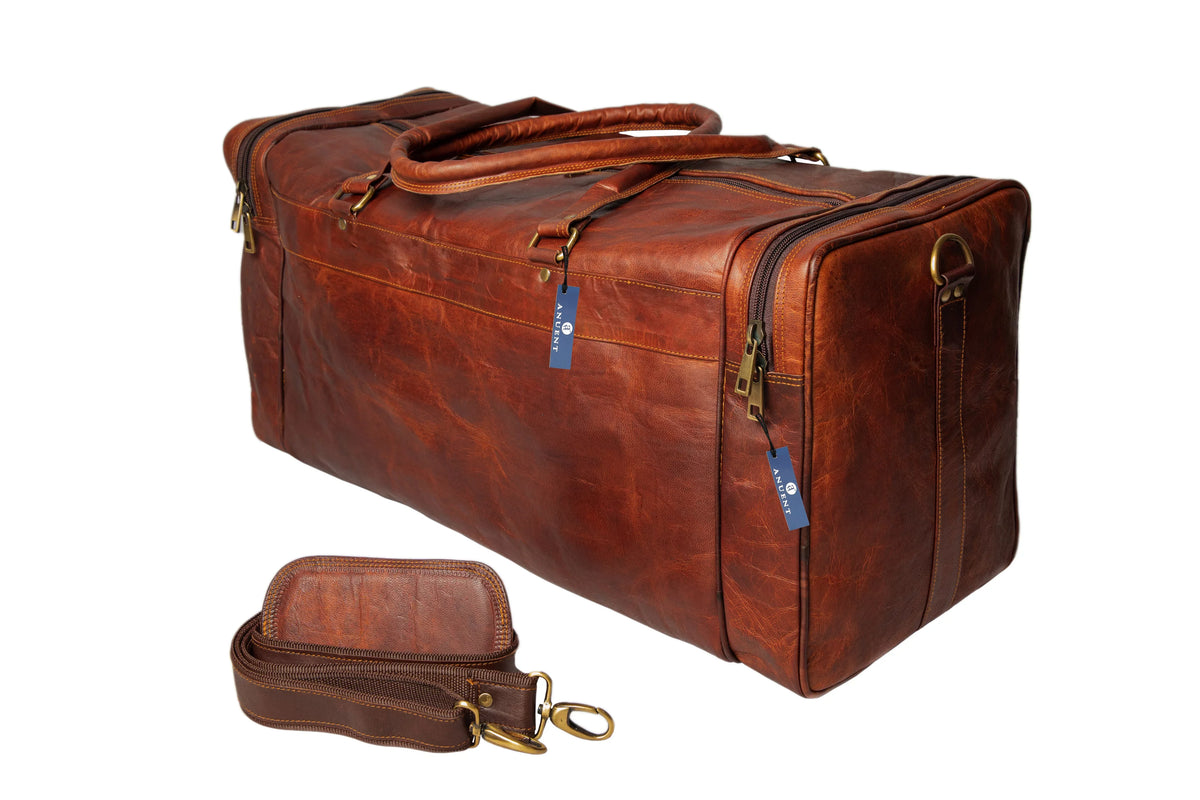 Handmade Square Brown Leather Travel Duffle Weekender Bag.