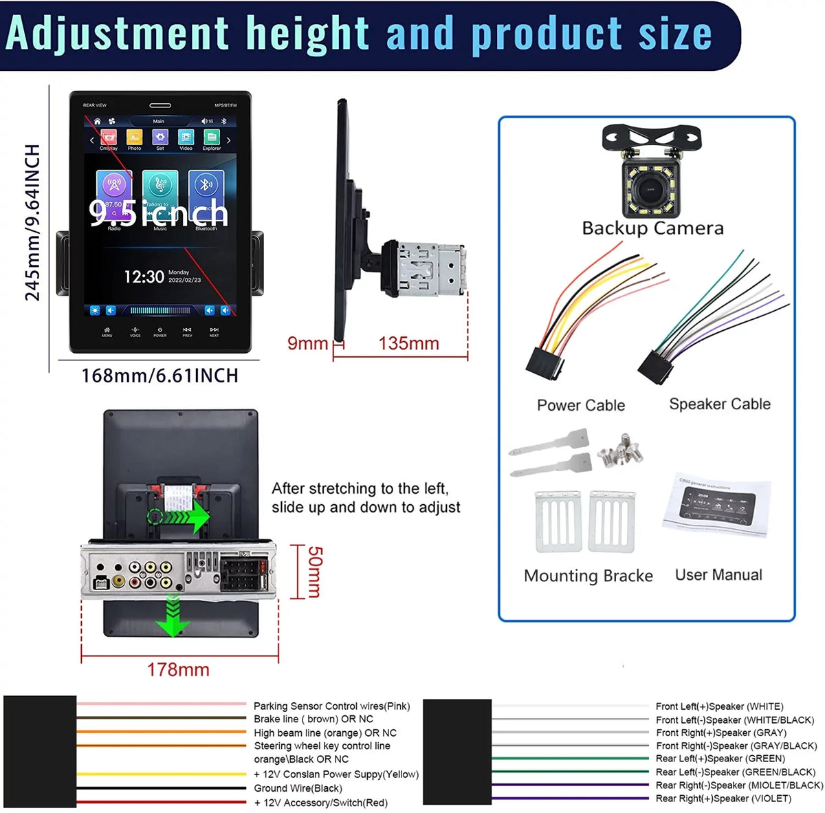Podofo Single Din 9.5'' Car Stereo with Carplay Android Auto HD Touch Display Car MP5 Player Car Radio Bluetooth Mirror Link USB FM,with 12 LED Rear Camera