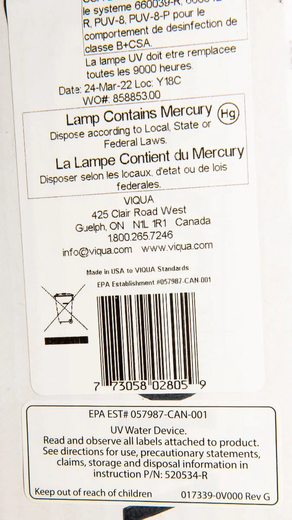Viqua 602805 Replacement UV Lamp for Models D4, D4+, D4 Premium Systems