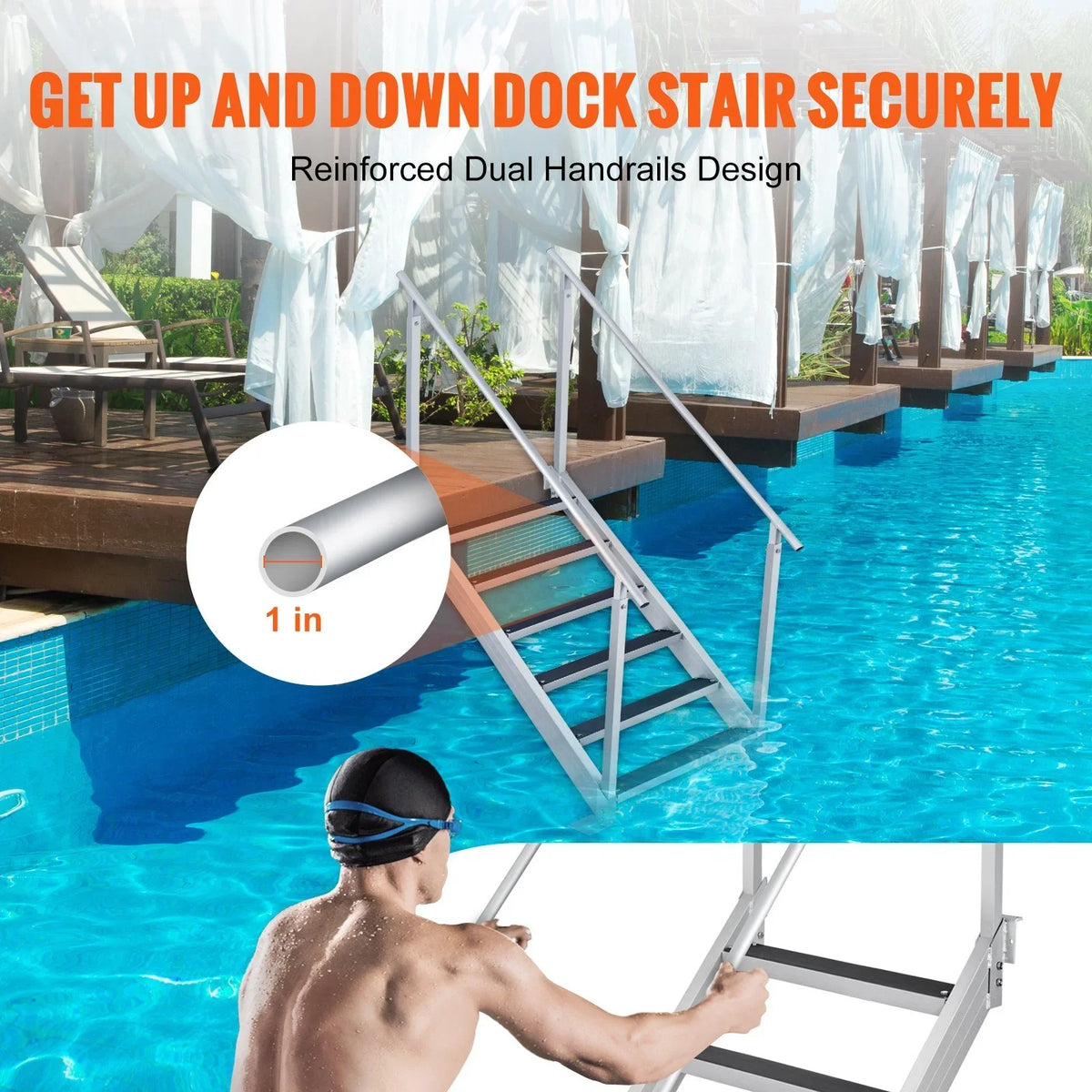 Vevor 500 lbs Load Aluminum Alloy 6-Steps Pontoon Boat Dock Ladder with 43 to 51 in. Adjustable Height